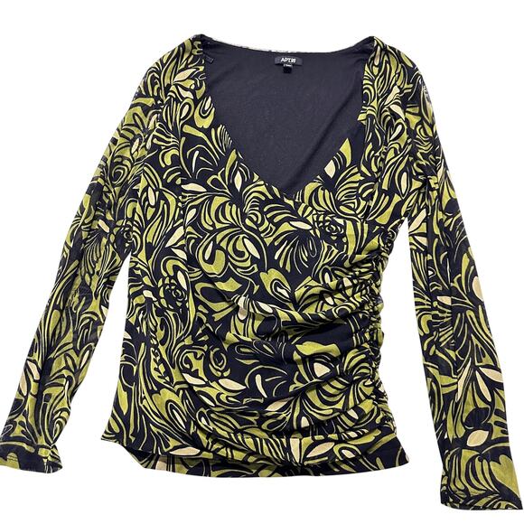 Apt 9 Women Top Size L Green Black V-Neck Wrap Style Long Sleeve Nylon Lined Y2K - Picture 1 of 9